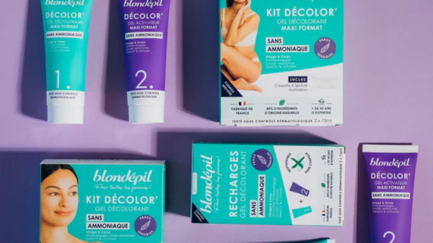 Kit décolorant Blondepil sans ammoniaque, idéal pour un look naturel et discret. Produits adaptés aux peaux sensibles pour une décoloration en douceur.