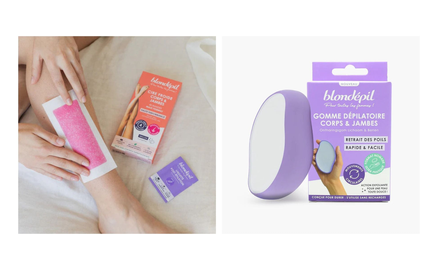 Comparatif entre la gomme dépilatoire et la cire froide pour les jambes, deux méthodes Blondépil pour une épilation efficace et adaptée à chaque besoin.