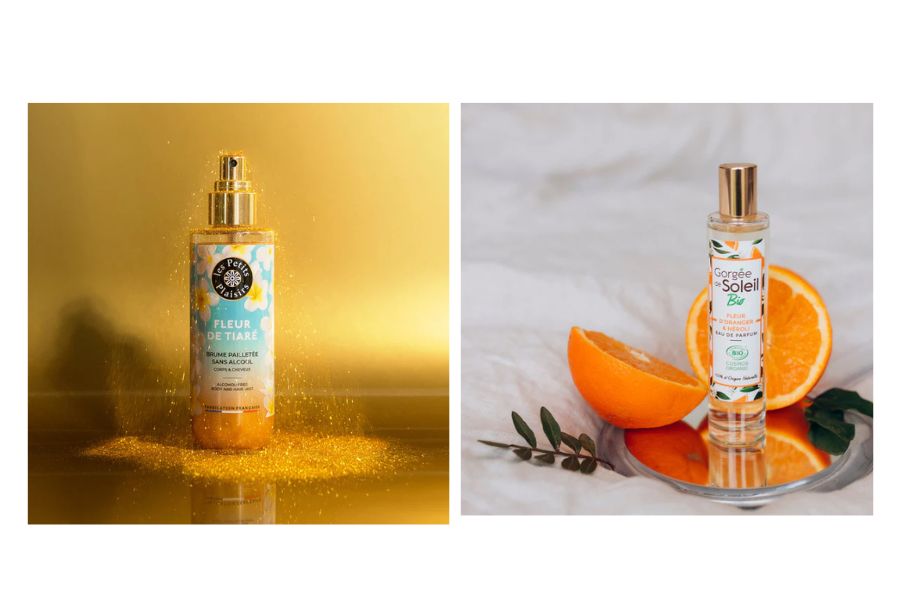 Comparaison parfum et brume parfumée Les Petits Plaisirs : à gauche, brume pailletée Fleur de Tiaré sur fond doré, à droite, eau de parfum bio Gorgée de Soleil avec orange fraîche