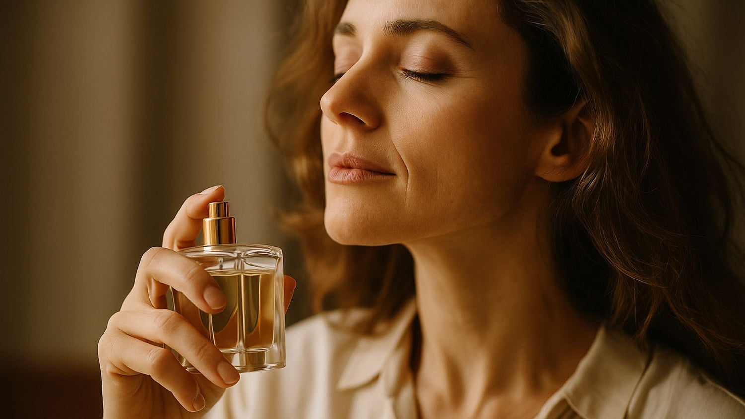 Femme aux yeux fermés inspirant un parfum, évoquant un souvenir, flacon en main et lumière douce en fond