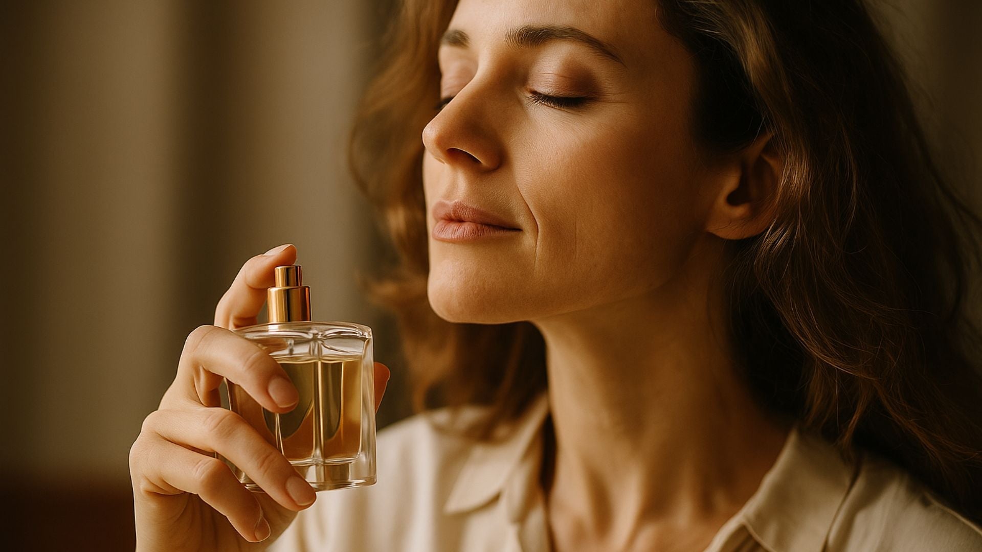 Femme aux yeux fermés inspirant un parfum, évoquant un souvenir, flacon en main et lumière douce en fond
