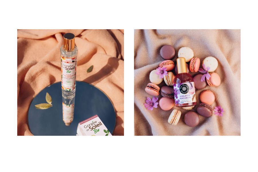 À gauche, eau de parfum bio Gorgée de Soleil Les Petits Plaisirs posée sur un miroir ; à droite, brume parfumée Violette Macaron entourée de macarons colorés et fleurs violettes.